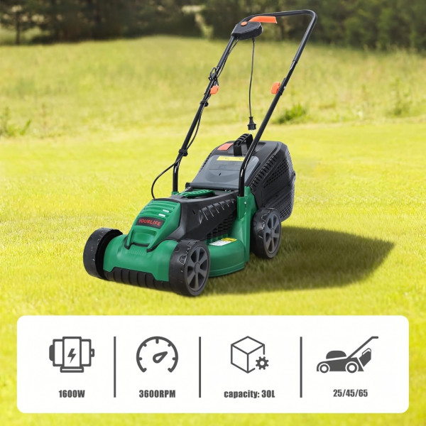 Електрическа косачка за трева 1600W – Лека и мощна, 32 см ширина, 30L кош, 3 нива на косене