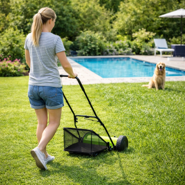 Ръчна косачка за трева с кош 40 см (16"), 5 остриета, регулируема височина 17–33 мм – Тиха, екологична и прецизна