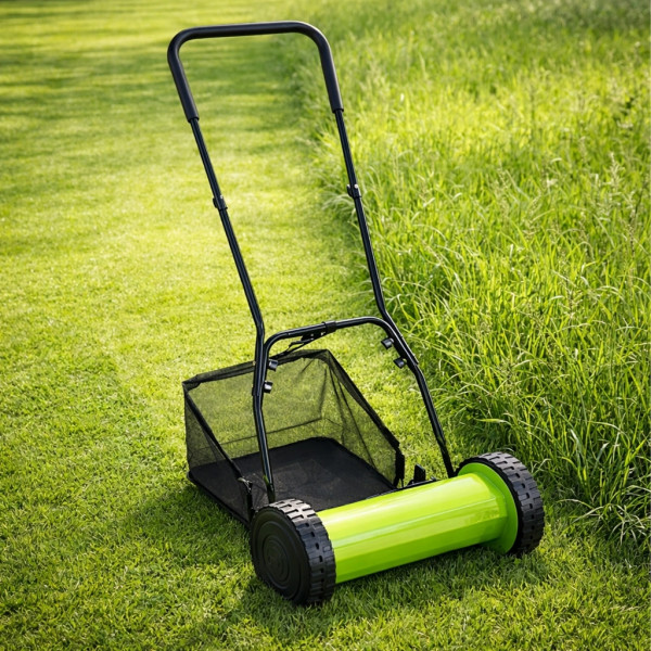 Ръчна косачка за трева с кош 40 см (16"), 5 остриета, регулируема височина 17–33 мм – Тиха, екологична и прецизна 3