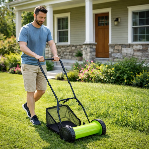 Ръчна косачка за трева с кош 40 см (16"), 5 остриета, регулируема височина 17–33 мм – Тиха, екологична и прецизна