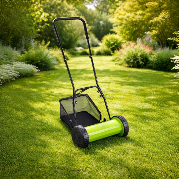 Ръчна косачка за трева с кош 40 см (16"), 5 остриета, регулируема височина 17–33 мм – Тиха, екологична и прецизна