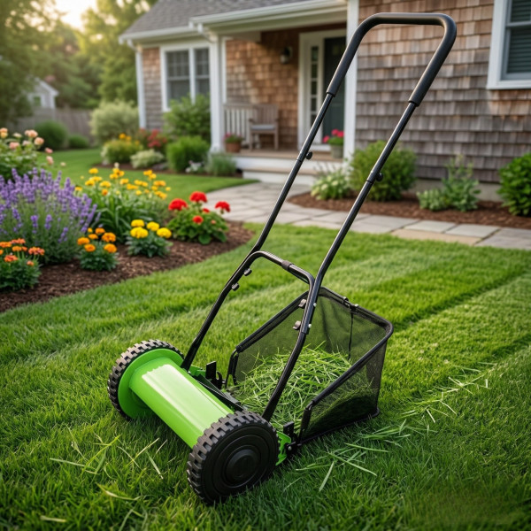 Ръчна косачка за трева с кош 40 см (16"), 5 остриета, регулируема височина 17–33 мм – Тиха, екологична и прецизна