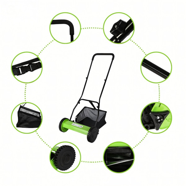 Ръчна косачка за трева с кош 40 см (16"), 5 остриета, регулируема височина 17–33 мм – Тиха, екологична и прецизна