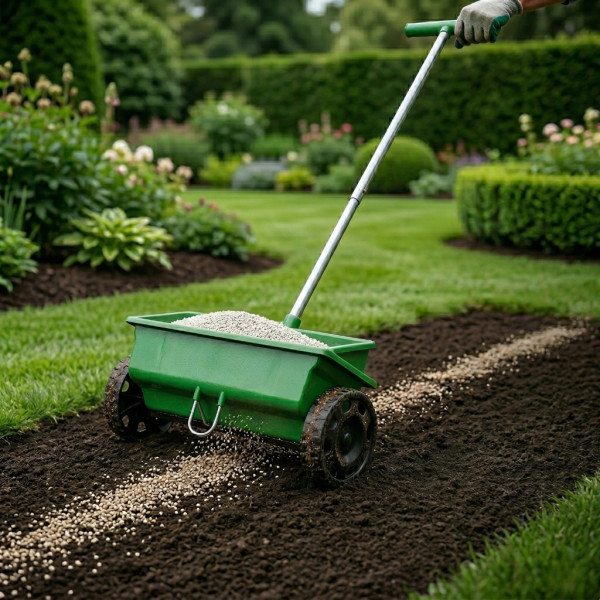 Ръчна градинска сеялка 6L с колела – разпръсквач за семена, торове, пясък и сол с 5-степенно регулиране