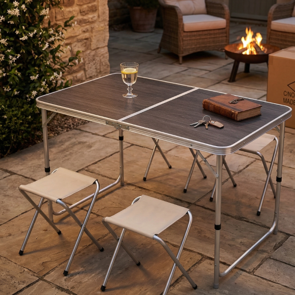 Комплект сгъваема къмпинг маса с 4 стола, регулируема височина, дизайн "куфар" в сив цвят