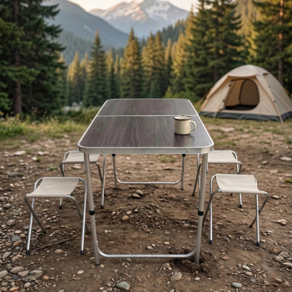 Комплект сгъваема къмпинг маса с 4 стола, регулируема височина, дизайн "куфар" в сив цвят