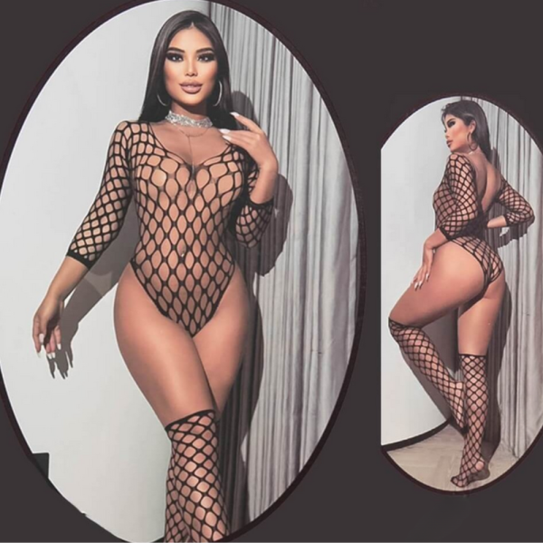 Мрежесто боди с дълъг ръкав + чорапи – Перфектна комбинация от стил и изкушение