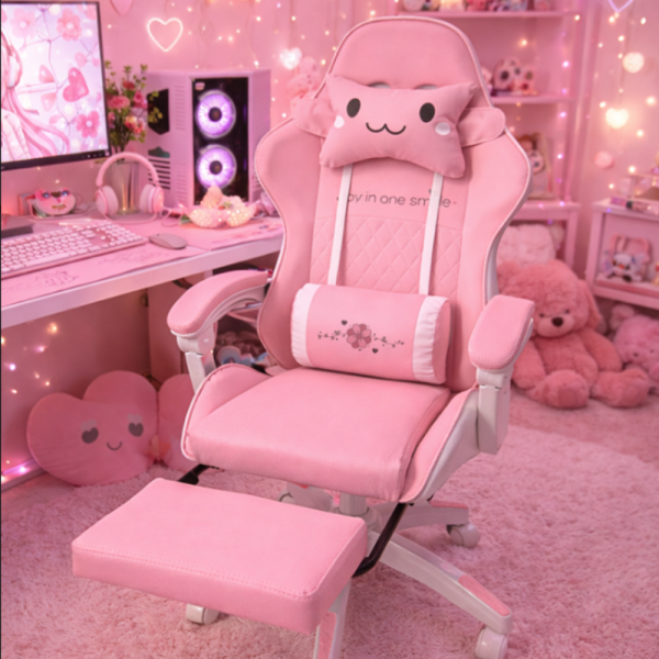 Ергономичен розов геймърски стол с поставка за крака - регулируема облегалка и 2 възглавници за повече комфорт 2