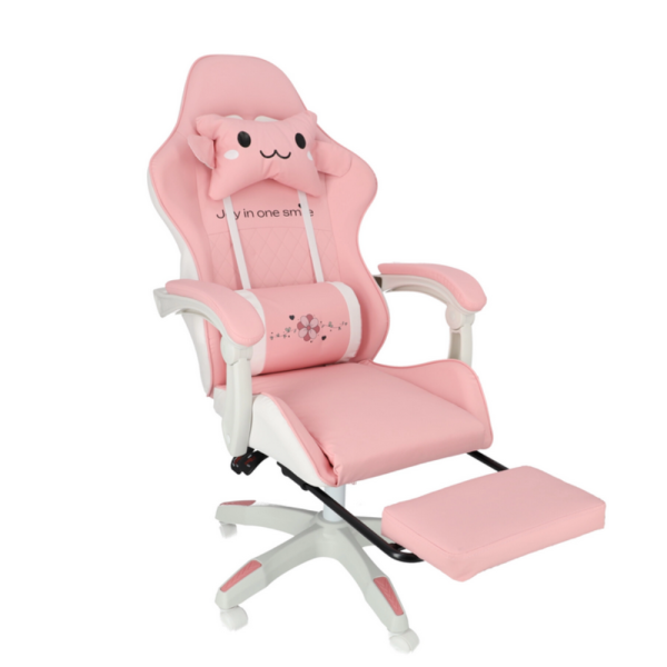 Ергономичен розов геймърски стол с поставка за крака - регулируема облегалка и 2 възглавници за повече комфорт 10