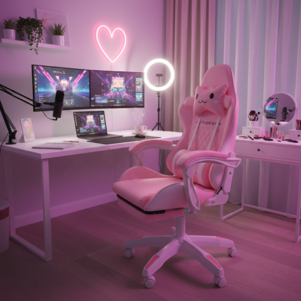 Ергономичен розов геймърски стол с поставка за крака - регулируема облегалка и 2 възглавници за повече комфорт 1