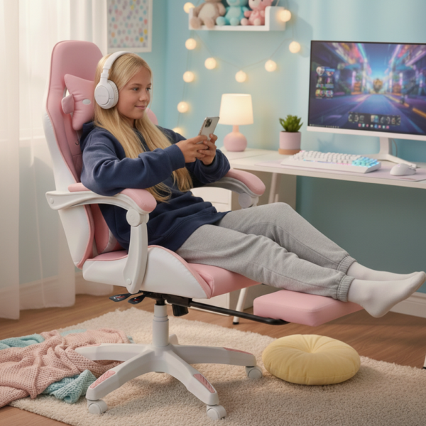 Ергономичен розов геймърски стол с поставка за крака - регулируема облегалка и 2 възглавници за повече комфорт