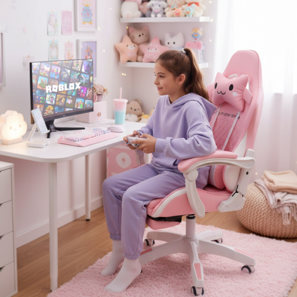 Ергономичен розов геймърски стол с поставка за крака - регулируема облегалка и 2 възглавници за повече комфорт