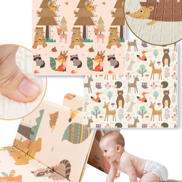 Двулицев образователен детски килим Горски животни 180 х 200 см - водоустойчив, сгъваем