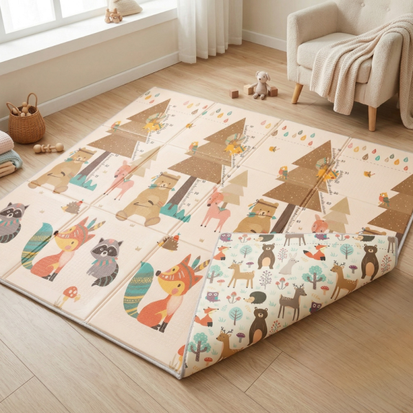 Двулицев образователен детски килим Горски животни 180 х 200 см - водоустойчив, сгъваем