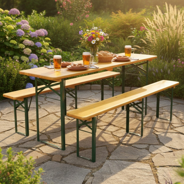 С дефект - Сгъваем комплект градинска маса с 2 пейки - От чамово дърво