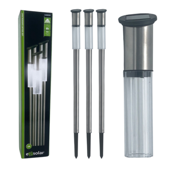 Комплект от 3 броя Led соларни лампи XL 57см - неръждаема стомана, сензор и до 8 часа светене