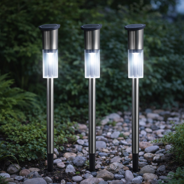 Комплект от 3 броя Led соларни лампи XL 57см - неръждаема стомана, сензор и до 8 часа светене