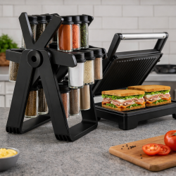 Тостер грил Royalty Line RL-PM1000 - Грил и сандвич преса 2 в 1 TV594 + Подарък Стилен въртящ се органайзер за подправки TV1434