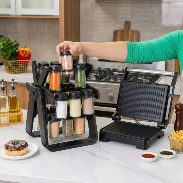 Тостер грил Royalty Line RL-PM1000 - Грил и сандвич преса 2 в 1 TV594 + Подарък Стилен въртящ се органайзер за подправки TV1434