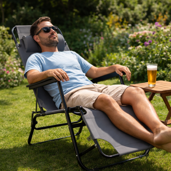 Сгъваем сив шезлонг с възглавница - стилен и функционален