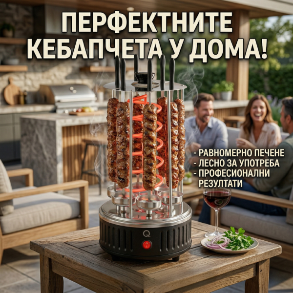Електрическа скара за барбекю с 6 вертикални шиша – 1000W, автоматично въртене, без дим