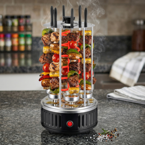 Електрическа скара за барбекю с 6 вертикални шиша – 1000W, автоматично въртене, без дим 1