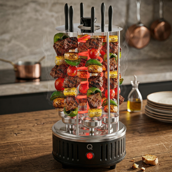 Електрическа скара за барбекю с 6 вертикални шиша – 1000W, автоматично въртене, без дим