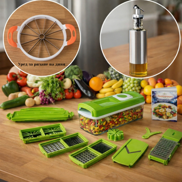 Ренде Nicer Dicer Plus от 13 части TV32 + Подарък Бутилка за зехтин TV723 + Уред за рязане на диня или пъпеш TV57