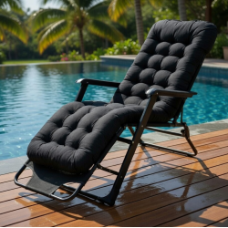 Луксозен градински шезлонг, сгъваем, с черна рамка и черна ватирана възглавница, 3 позиции на регулиране