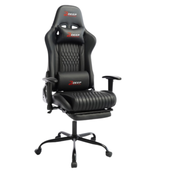 Ергономичен черен геймърски стол с поставка за крака, регулируема височина и 3D подлакътници