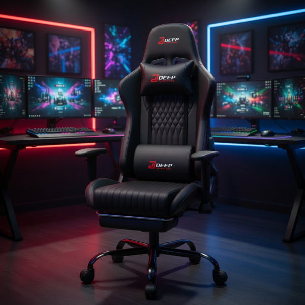 Ергономичен черен геймърски стол с поставка за крака, регулируема височина и 3D подлакътници 2