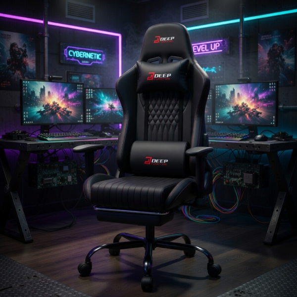 Ергономичен черен геймърски стол с поставка за крака, регулируема височина и 3D подлакътници 3