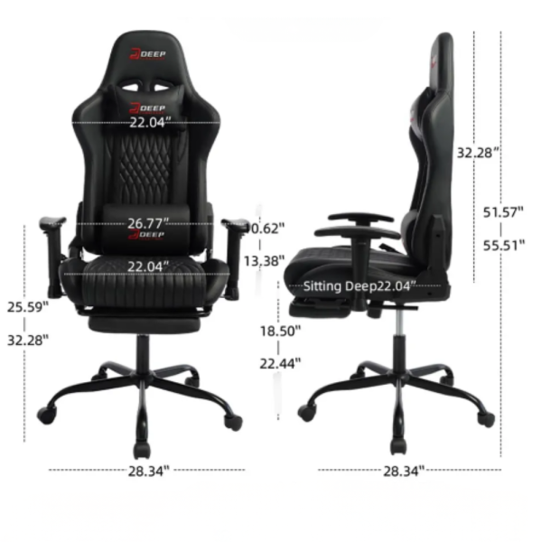 Ергономичен черен геймърски стол с поставка за крака, регулируема височина и 3D подлакътници 7