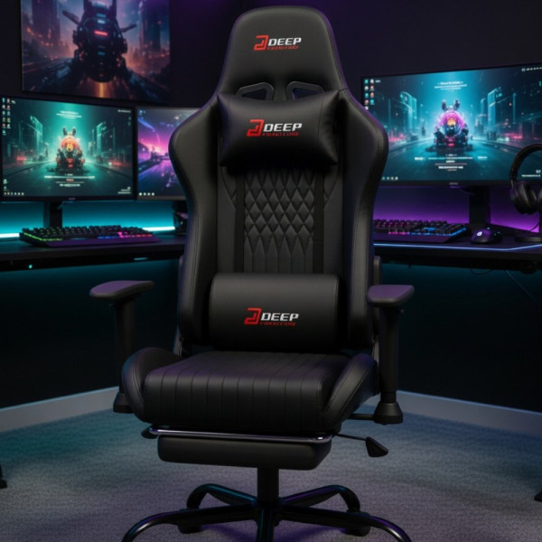 Ергономичен черен геймърски стол с поставка за крака, регулируема височина и 3D подлакътници 4