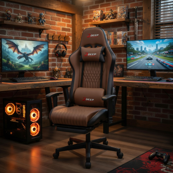 Ергономичен кафяв геймърски стол с поставка за крака, регулируема височина и 3D подлакътници 3