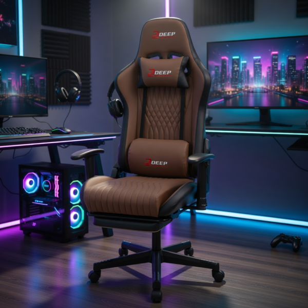 Ергономичен кафяв геймърски стол с поставка за крака, регулируема височина и 3D подлакътници