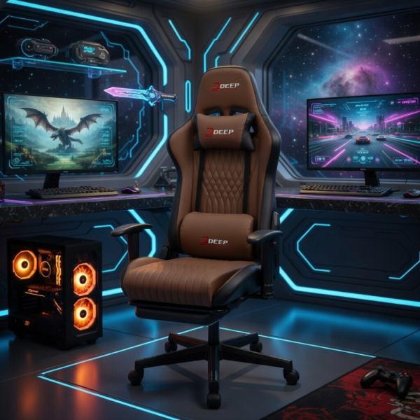 Ергономичен кафяв геймърски стол с поставка за крака, регулируема височина и 3D подлакътници 4