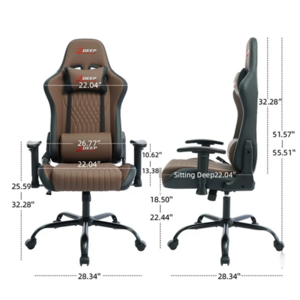 Ергономичен кафяв геймърски стол с поставка за крака, регулируема височина и 3D подлакътници 9