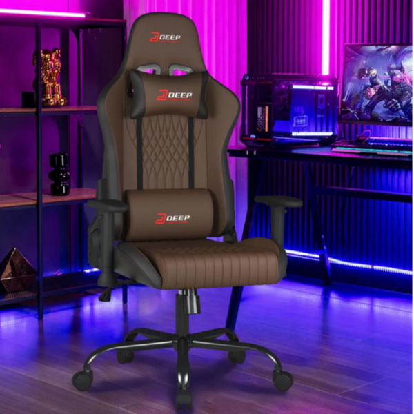 Ергономичен кафяв геймърски стол с поставка за крака, регулируема височина и 3D подлакътници