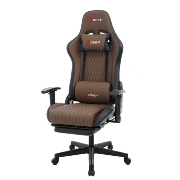 Ергономичен кафяв геймърски стол с поставка за крака, регулируема височина и 3D подлакътници