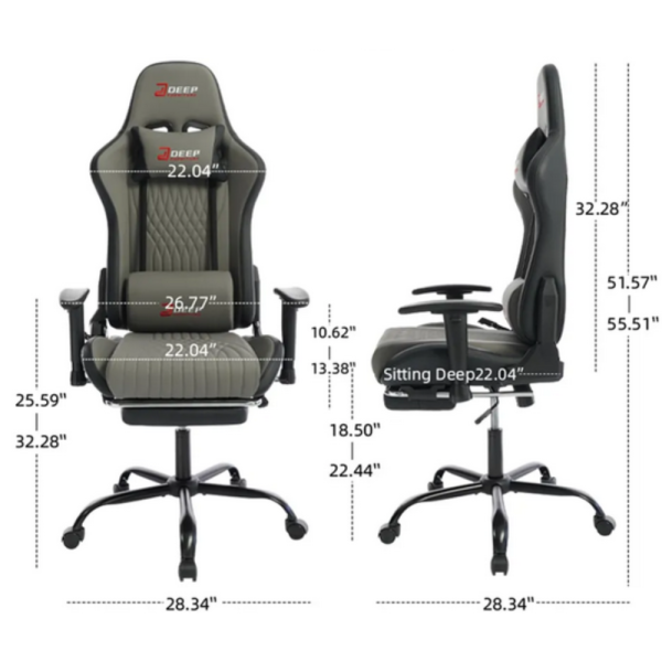 Ергономичен сив геймърски стол с поставка за крака, регулируема височина и 3D подлакътници 6