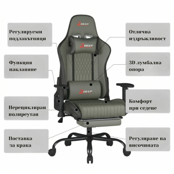 Ергономичен сив геймърски стол с поставка за крака, регулируема височина и 3D подлакътници 7