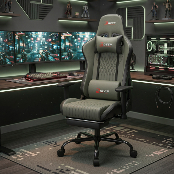 Ергономичен сив геймърски стол с поставка за крака, регулируема височина и 3D подлакътници 4