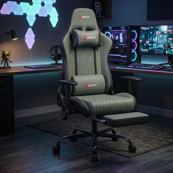 Ергономичен сив геймърски стол с поставка за крака, регулируема височина и 3D подлакътници 2