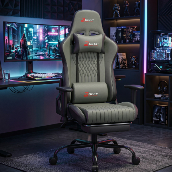 Ергономичен сив геймърски стол с поставка за крака, регулируема височина и 3D подлакътници