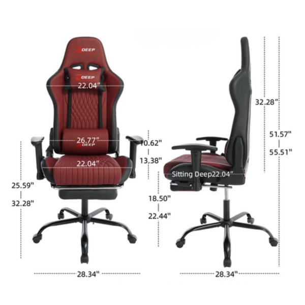 Ергономичен геймърски стол бордо с поставка за крака, регулируема височина и 3D подлакътници