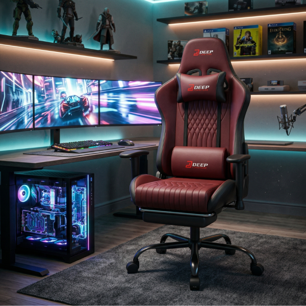 Ергономичен геймърски стол бордо с поставка за крака, регулируема височина и 3D подлакътници