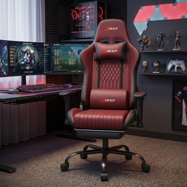 Ергономичен геймърски стол бордо с поставка за крака, регулируема височина и 3D подлакътници