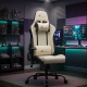 Ергономичен бял геймърски стол с поставка за крака, регулируема височина и 3D подлакътници 2