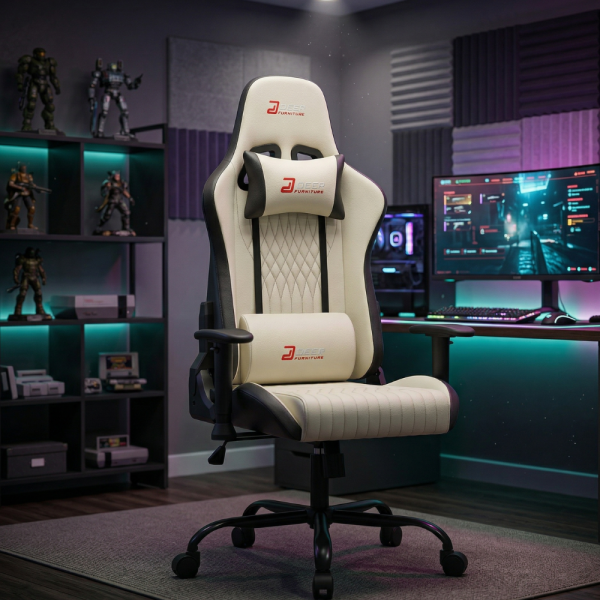 Ергономичен бял геймърски стол с поставка за крака, регулируема височина и 3D подлакътници 2